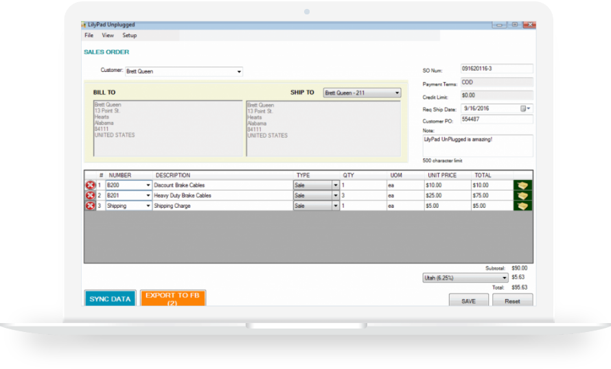 Create orders in Lilypad Unplugged on any WindowsTM device Laptop, Tablet and store them until you have reliable connectivity. Once connected, a single click securely uploads all your work to Fishbowl.